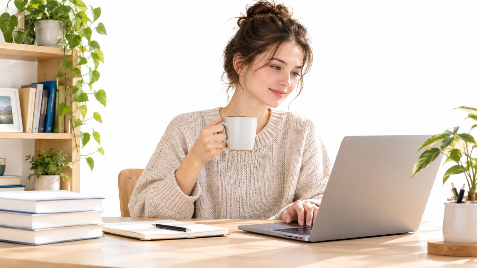 A young woman smiling while sitting at a desk with a laptop and a cup of coffee.