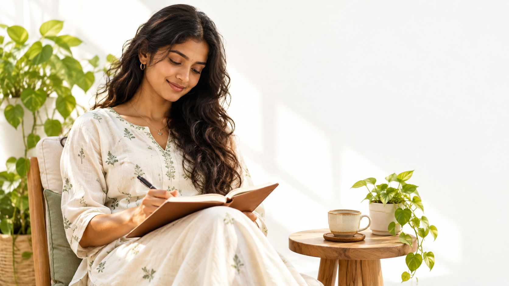 A smiling woman sitting in an armchair writing in a notebook next to house plants
