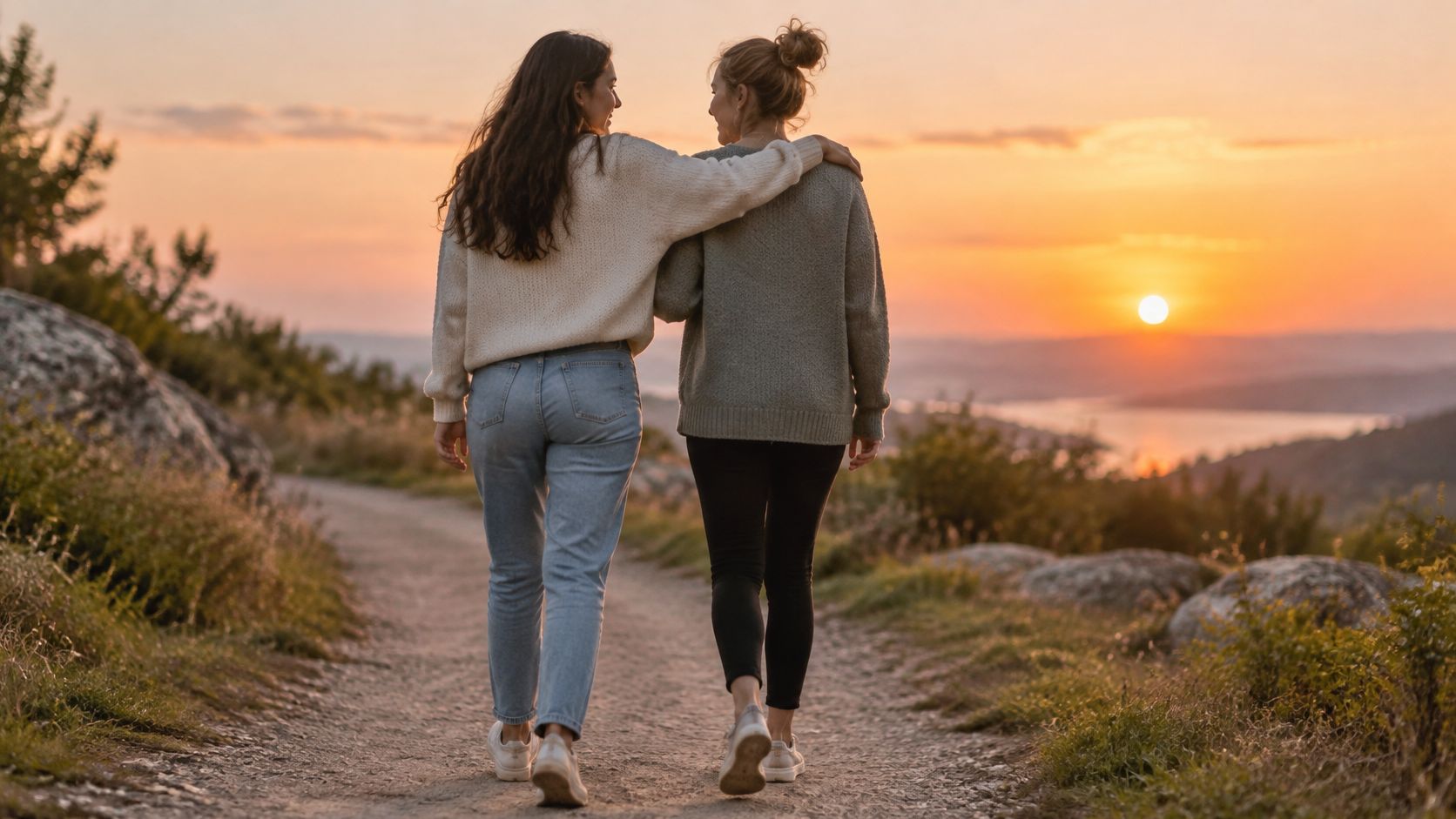 Two close friends walking along a scenic dirt path together at sunset, sharing a warm, supportive embrace.