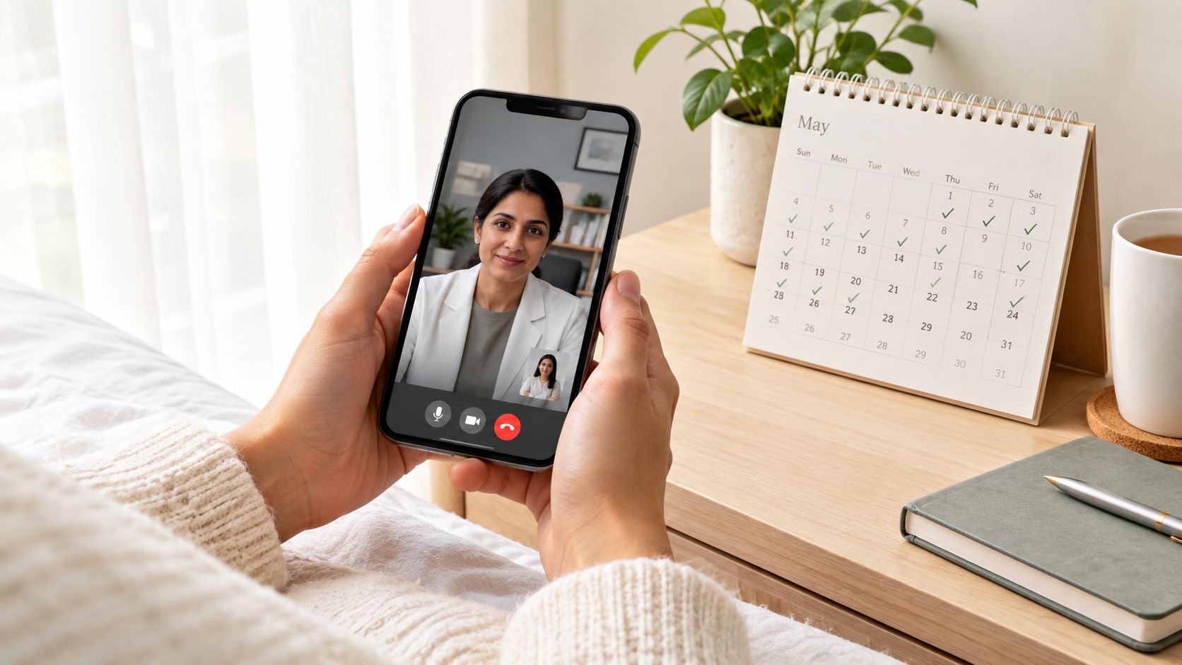 A person having an online psychiatry consultation via video call on a smartphone held in their hands.