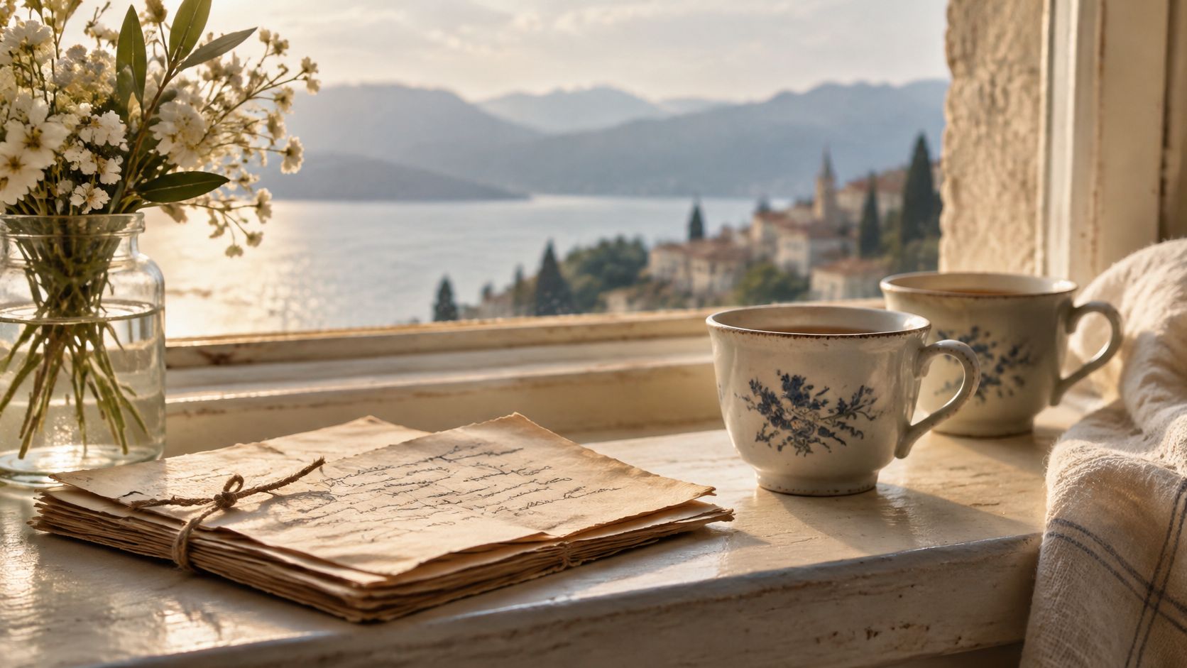 A stack of old handwritten letters and a cup of tea near a window overlooking a scenic bay.