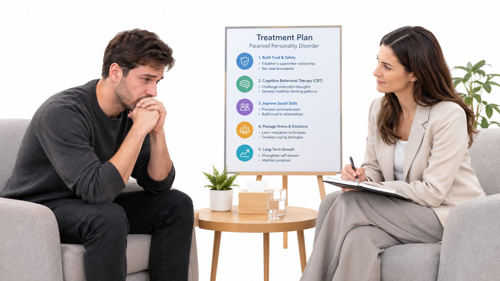 A professional female therapist speaks with a concerned man about his paranoid personality disorder treatment plan.