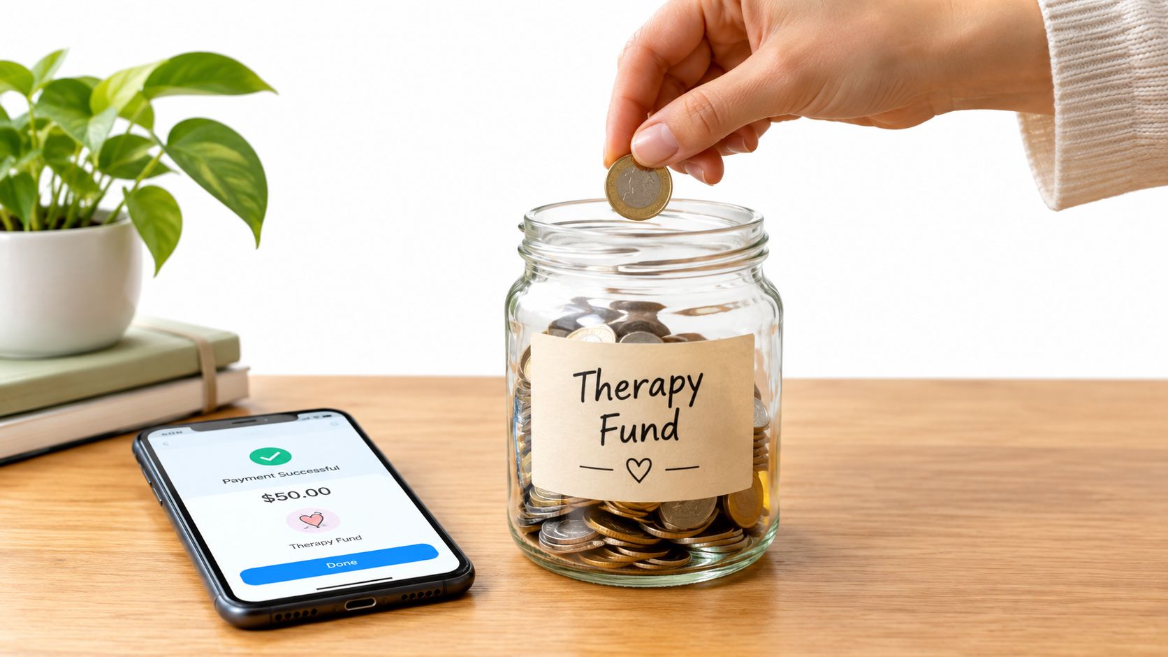 A hand puts a coin into a glass jar labeled Therapy Fund next to a smartphone showing payment.