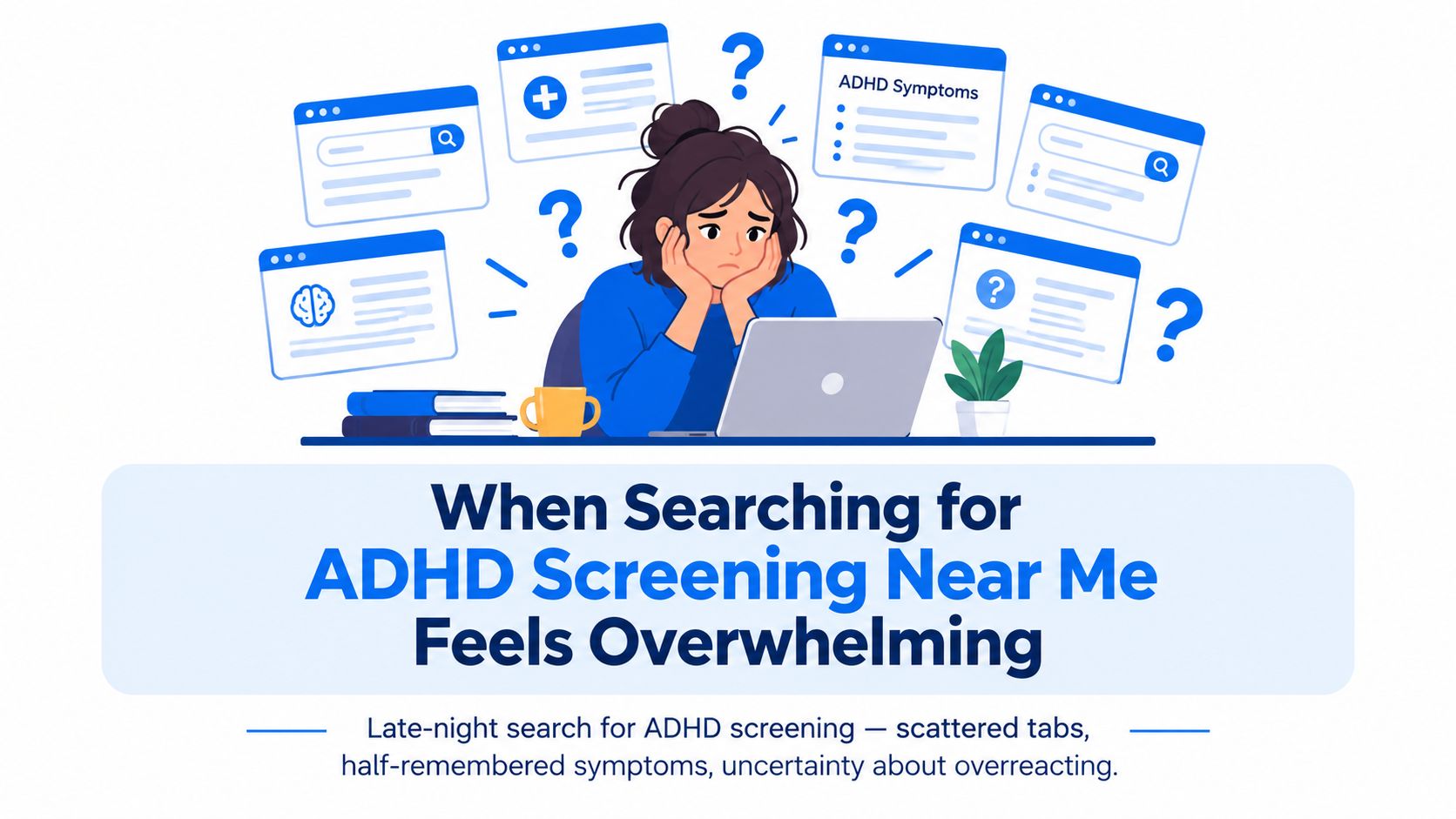 A person sitting at a laptop looking overwhelmed by multiple browser tabs while searching for ADHD screening.