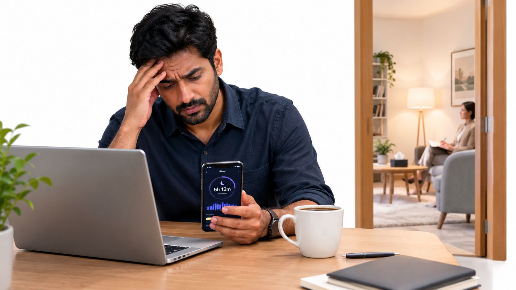 A man sits at a desk looking stressed while checking sleep data on his smartphone with a therapist visible behind him.