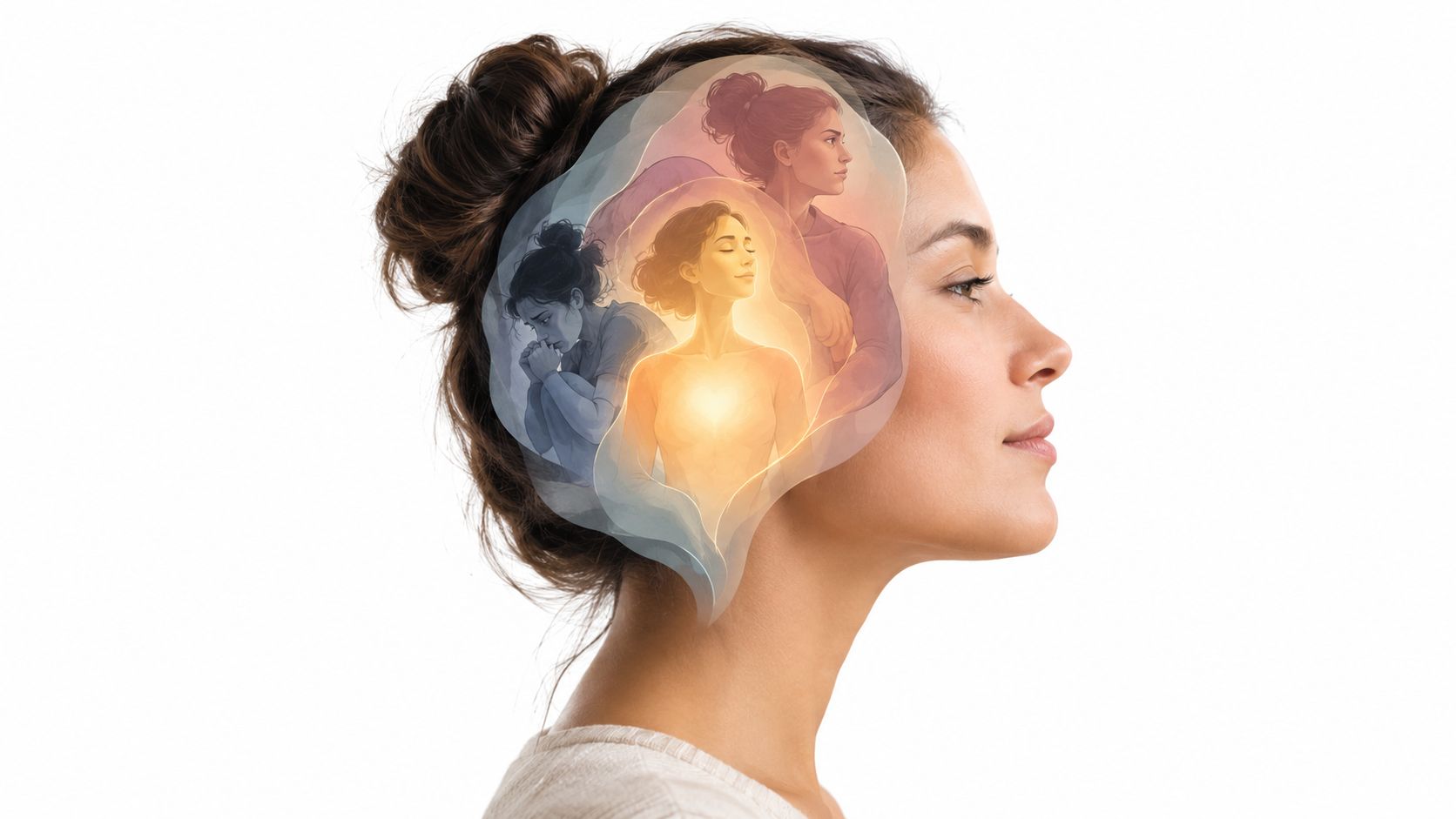 A woman's profile featuring a glowing internal projection illustrating various emotional states and self-reflection.