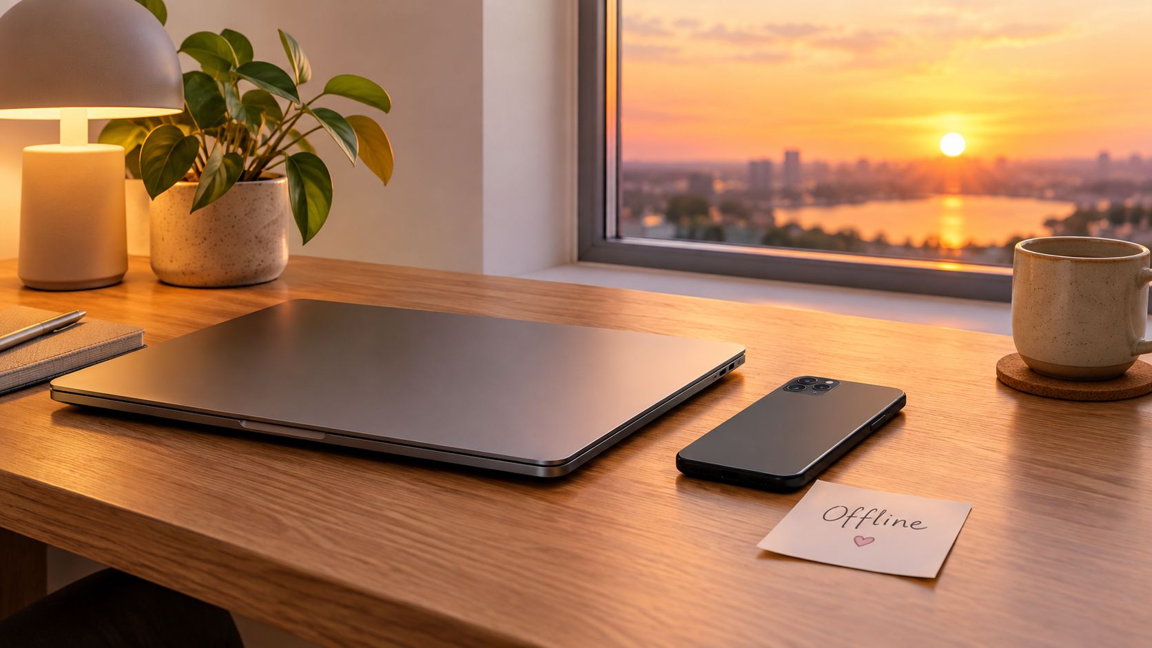 A cosy desk setup with a laptop, smartphone, coffee cup, and an offline note at sunset.