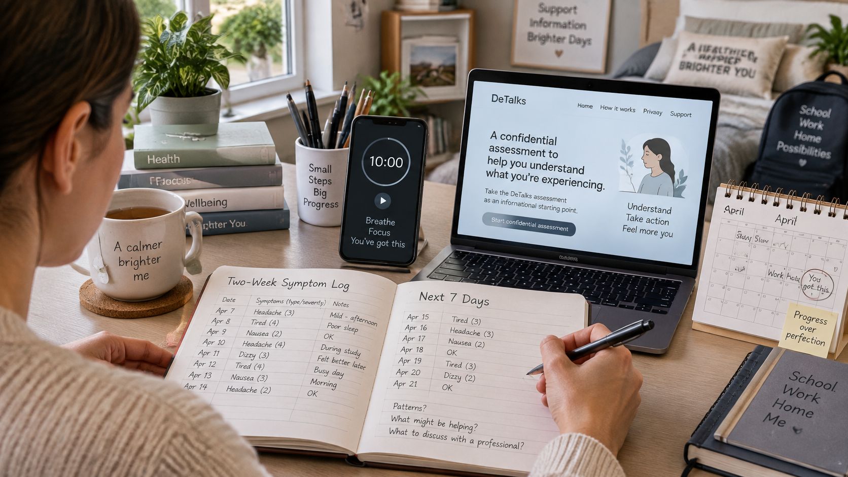 A person writing in a symptom log notebook at a desk with a laptop displaying mental health resources.