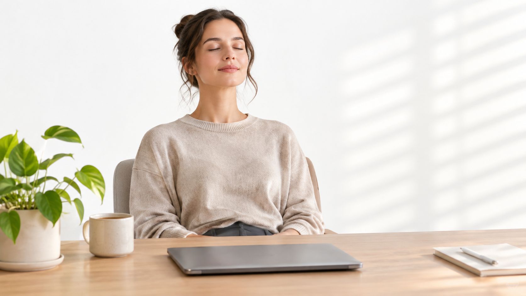A woman meditating at her office desk with a closed laptop, practising stress management techniques at work.