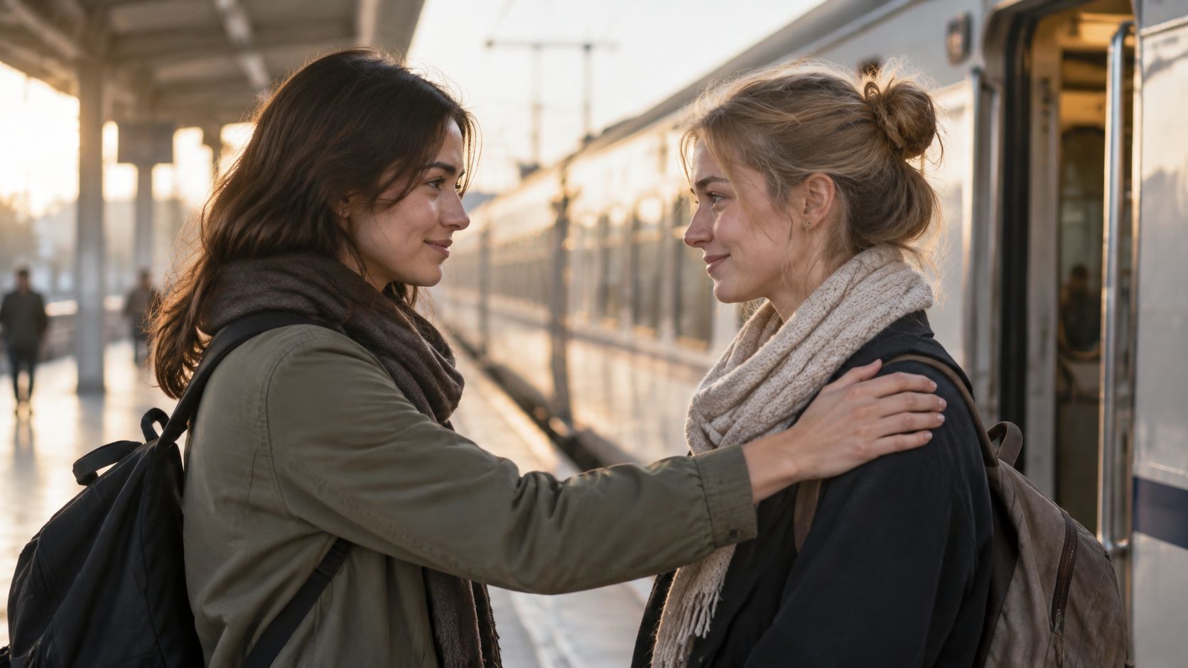 Two female friends look at each other with warmth while standing on a sunny train station platform.