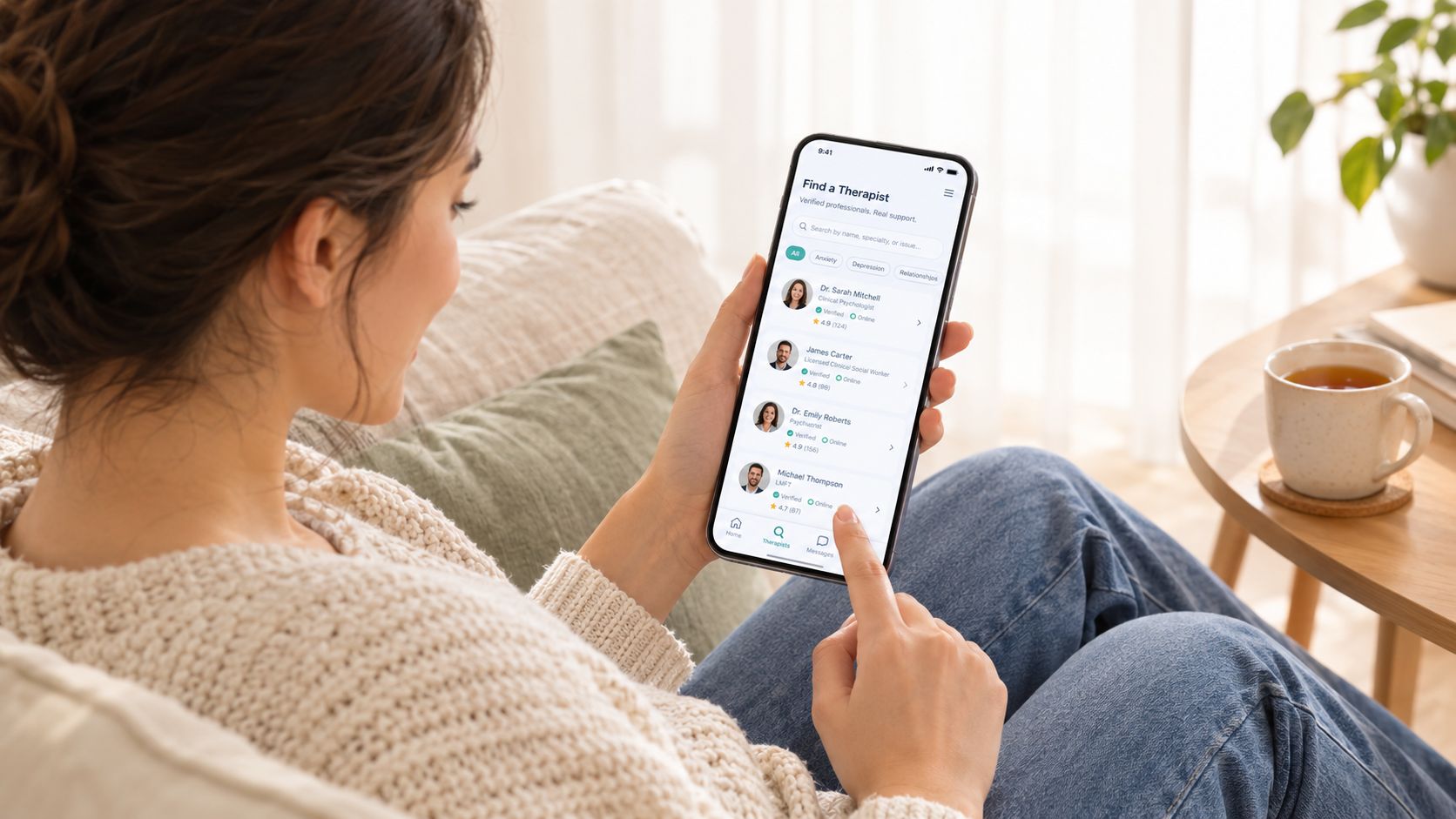 A woman using a mobile phone app to search for professional therapists while relaxing on a sofa.