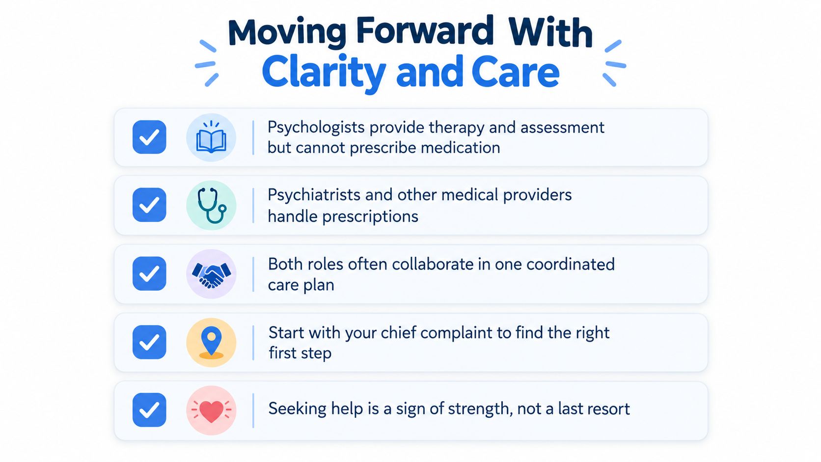 An infographic titled Moving Forward With Clarity and Care comparing the roles of psychologists and psychiatrists.
