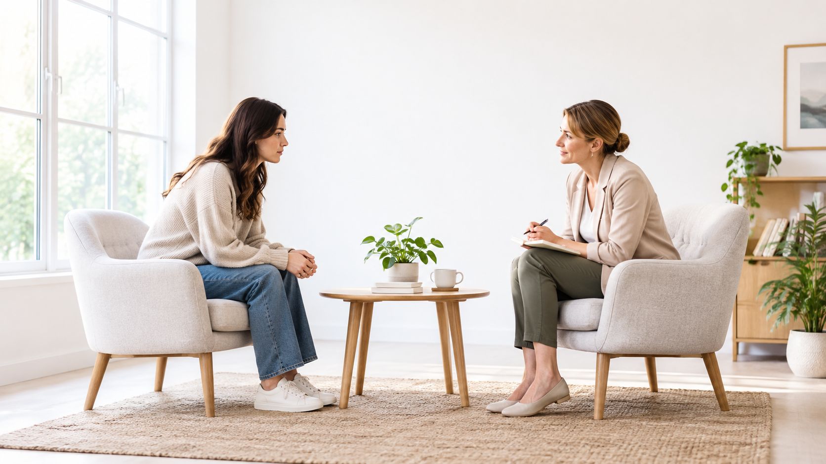 A young woman talks about her concerns with a female therapist during a professional counseling session.