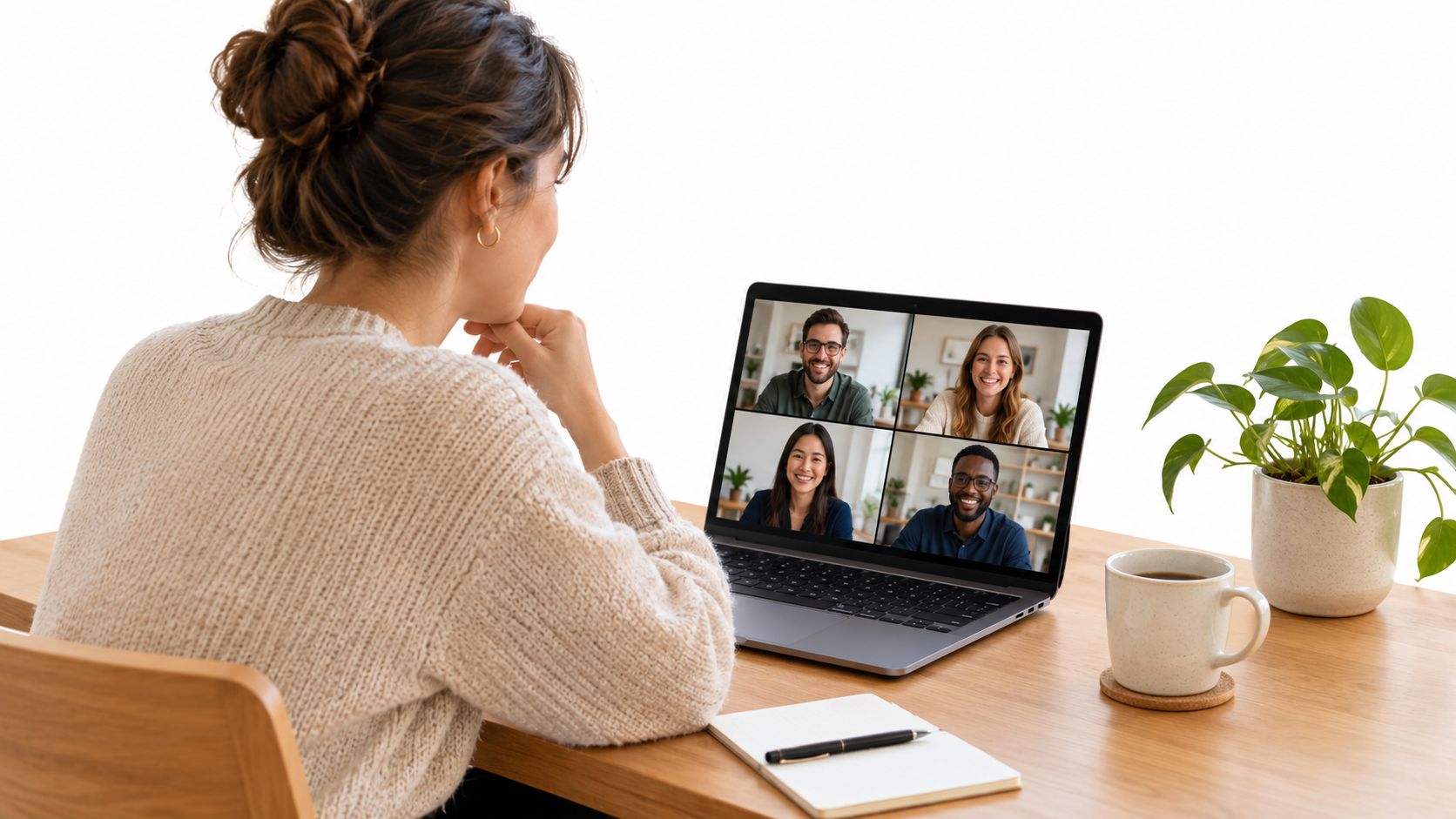 A woman participating in a video conference call on her laptop at a wooden home office desk.
