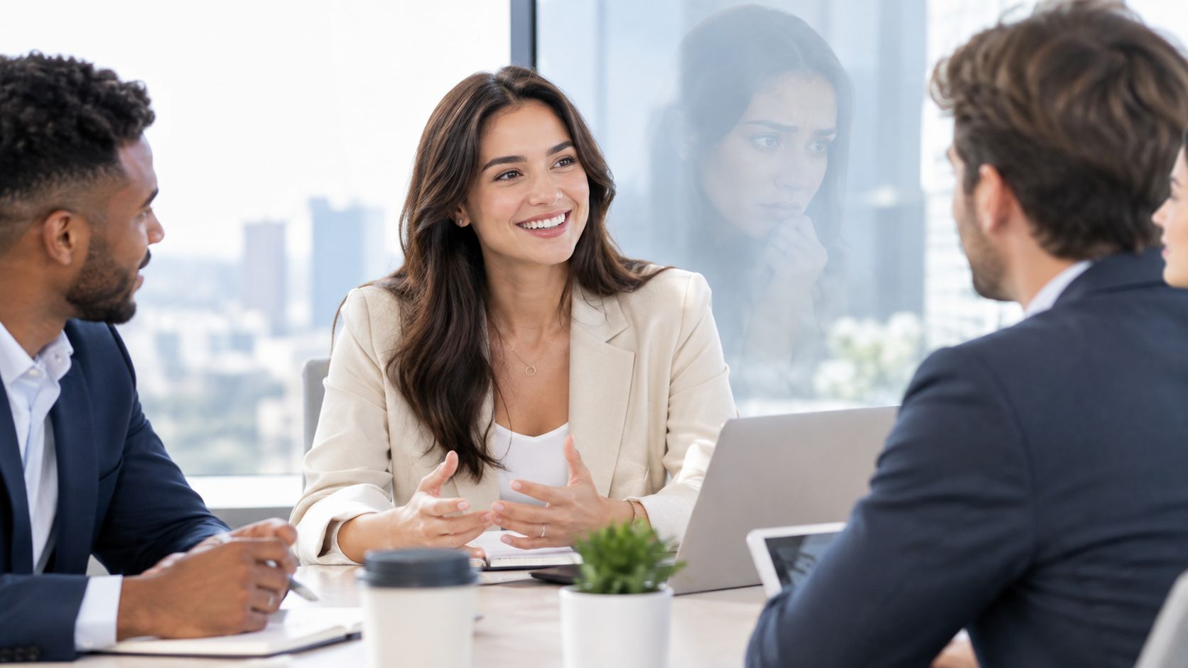 A professional woman smiling during a business meeting with colleagues, with a subtle anxious reflection visible behind.