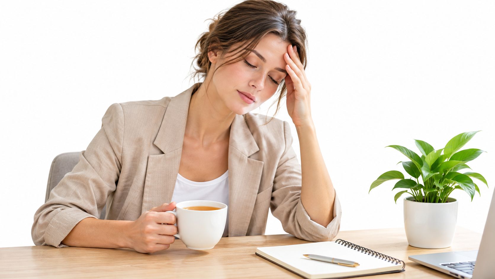 A professional woman sitting at a desk with a coffee mug, looking exhausted and stressed.