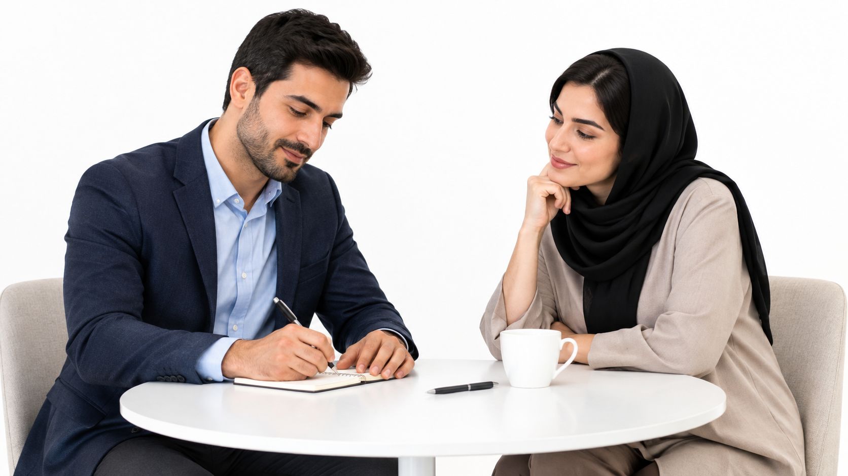A professional man taking notes in a notebook while a woman in a hijab watches him.