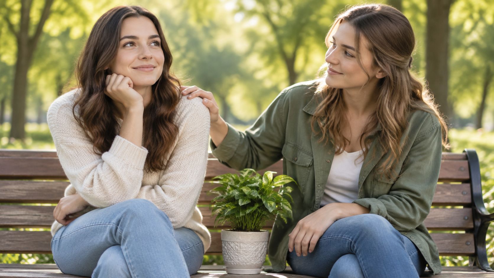 Two female friends sitting on a park bench with one comforting the other by placing a hand on shoulder.