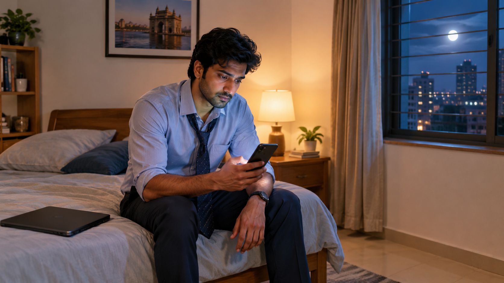 A tired office worker sitting on his bed at night while looking at his smartphone.