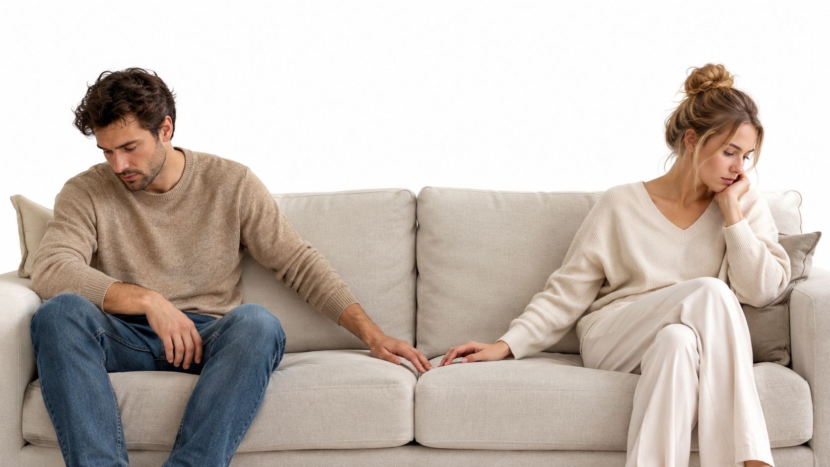 A couple sitting on a couch, experiencing relationship issues while sitting apart and looking distressed.