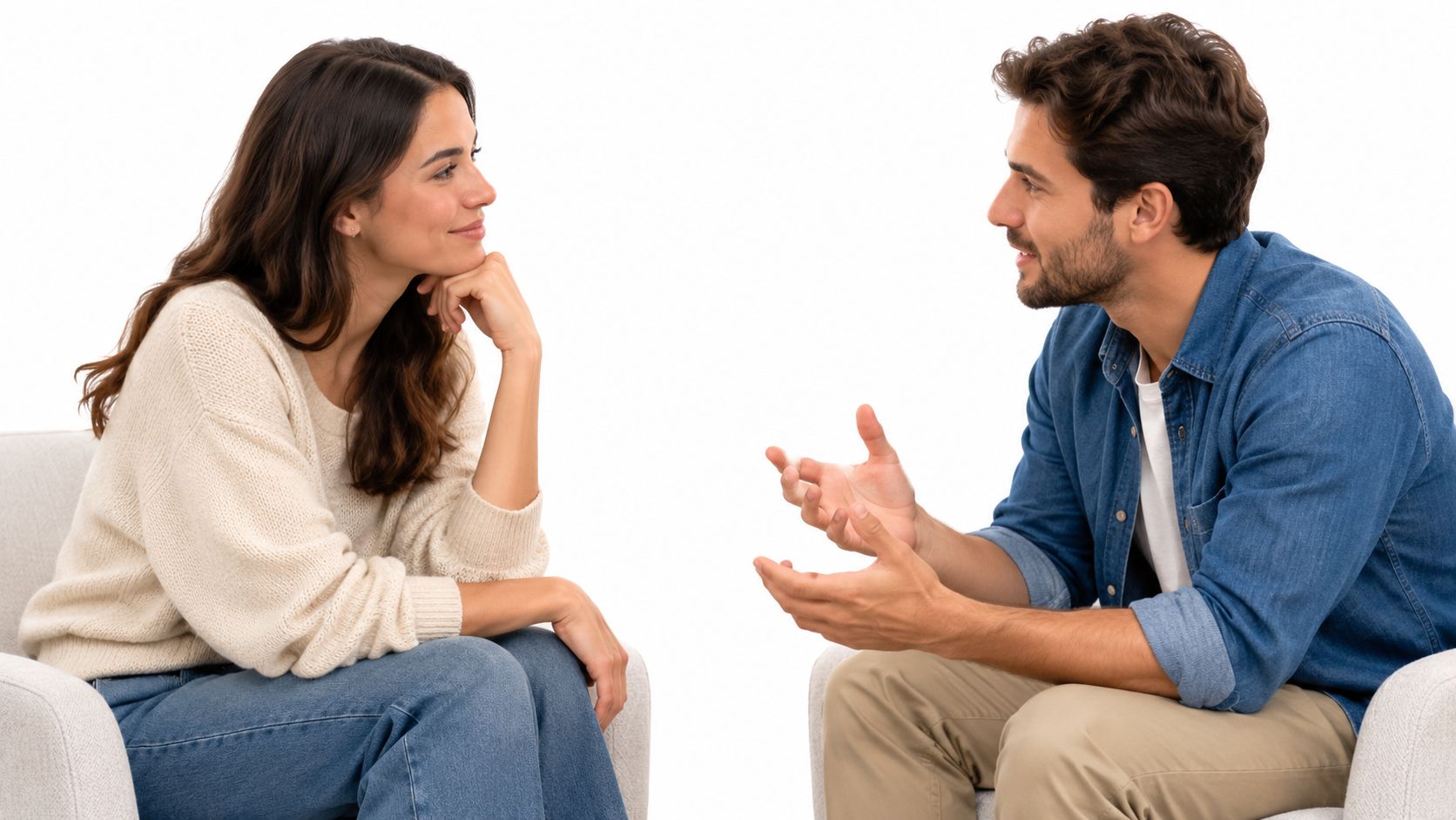 A woman and a man sitting in chairs having a deep and engaged conversation, isolated on white.