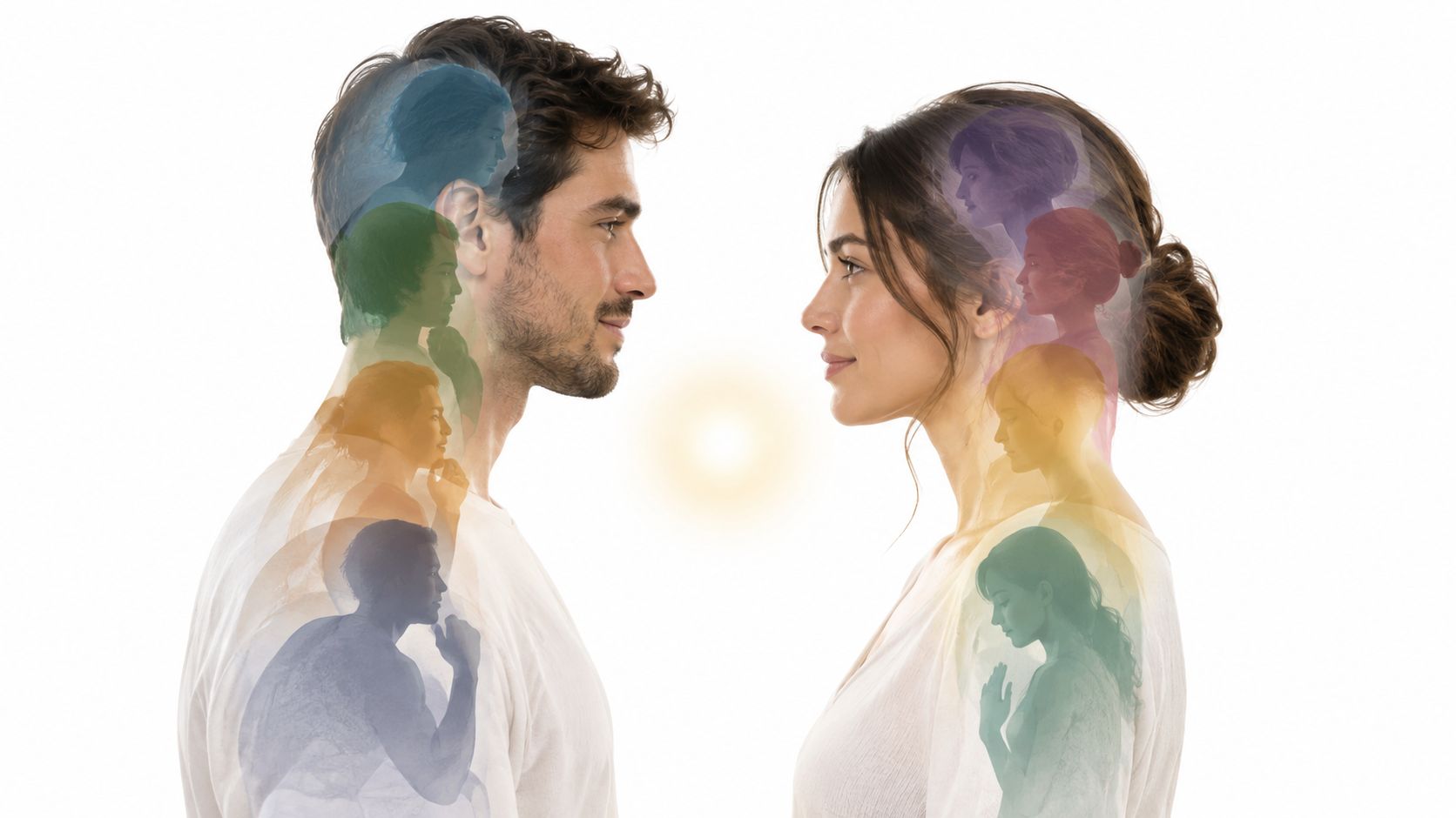 A couple facing each other with multiple translucent, colorful silhouettes of people representing their inner thoughts and emotions.
