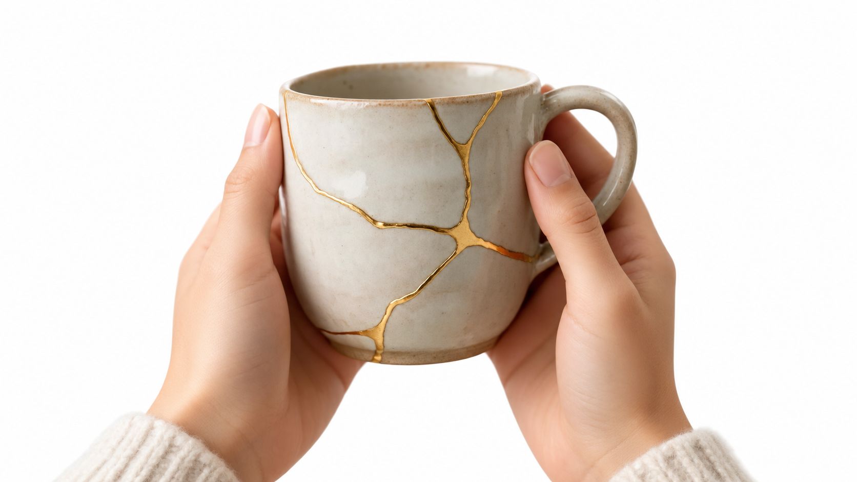 A person holds a ceramic mug repaired with gold using the traditional Japanese art of kintsugi technique.