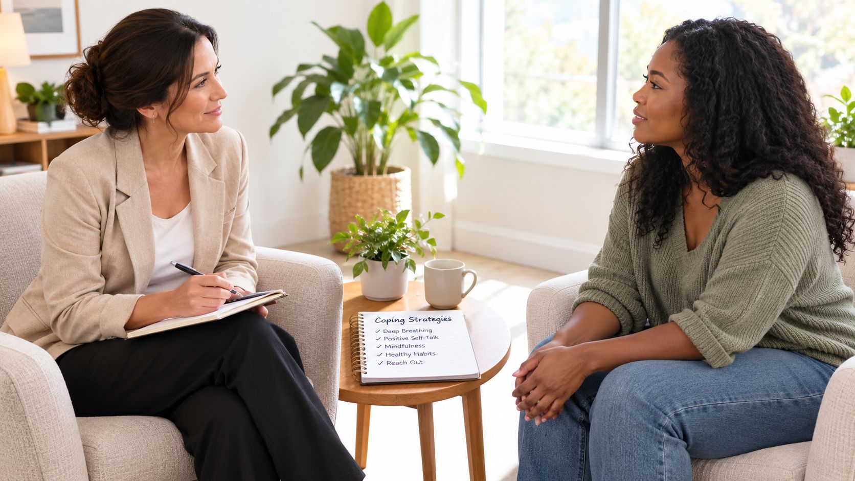 A professional therapist listens to a woman during a therapy session with coping strategies on a table.