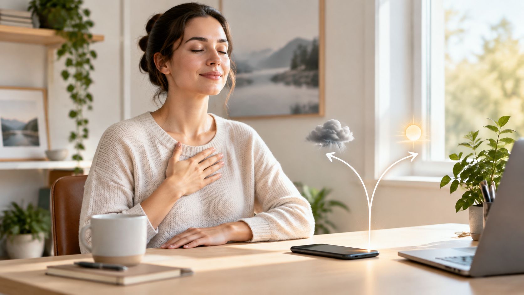 A woman practicing mindfulness with her hand on her heart as digital weather icons rise from her smartphone.