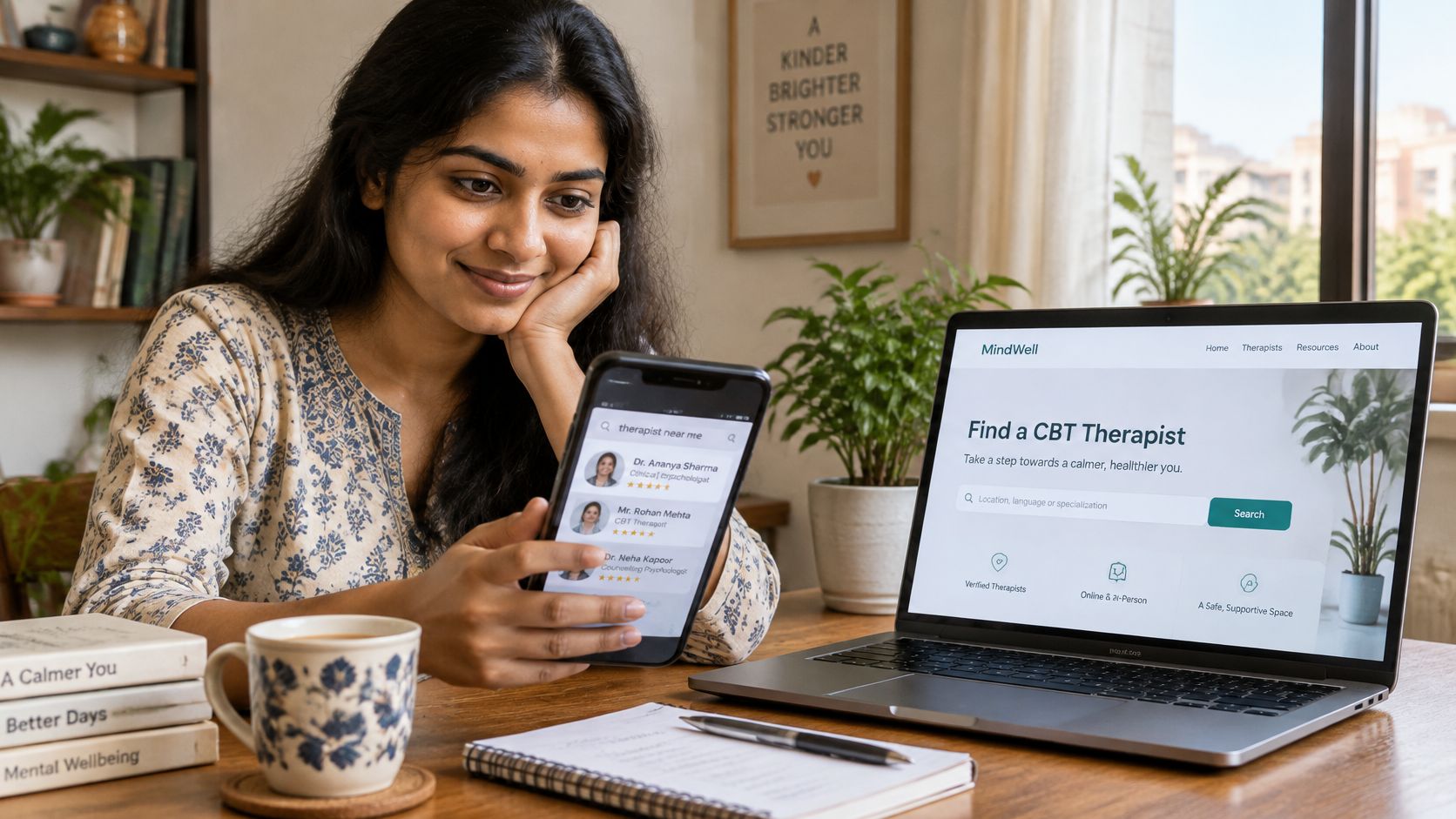 A woman using a smartphone to search for a therapist while sitting next to a laptop computer.