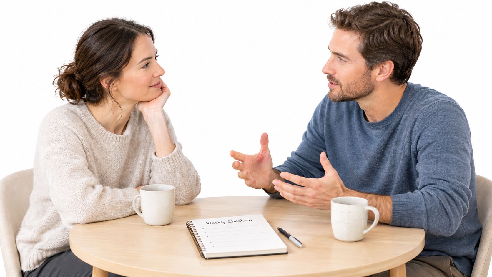 A couple sitting at a wooden table during a conversation with a weekly check-in notebook between them.