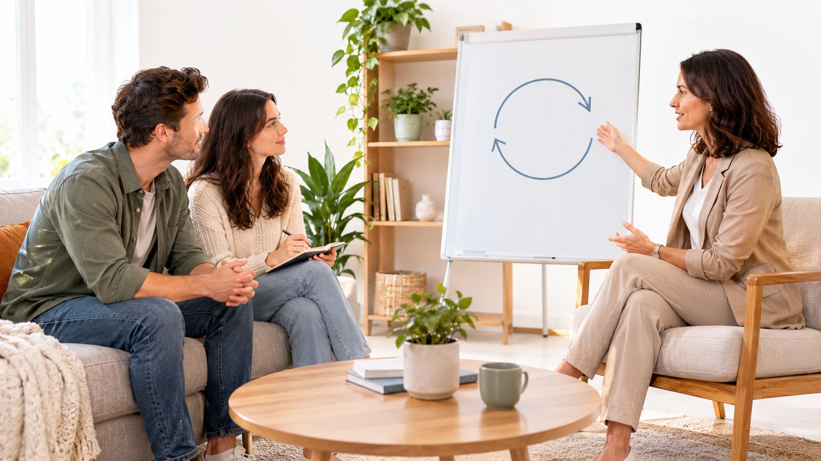 A professional therapist explains a circular diagram to a couple during a marriage counseling session.