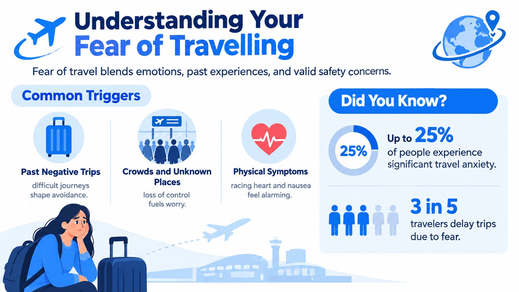 An infographic titled Understanding Your Fear of Travelling, explaining triggers like anxiety, negative experiences, and physical symptoms.