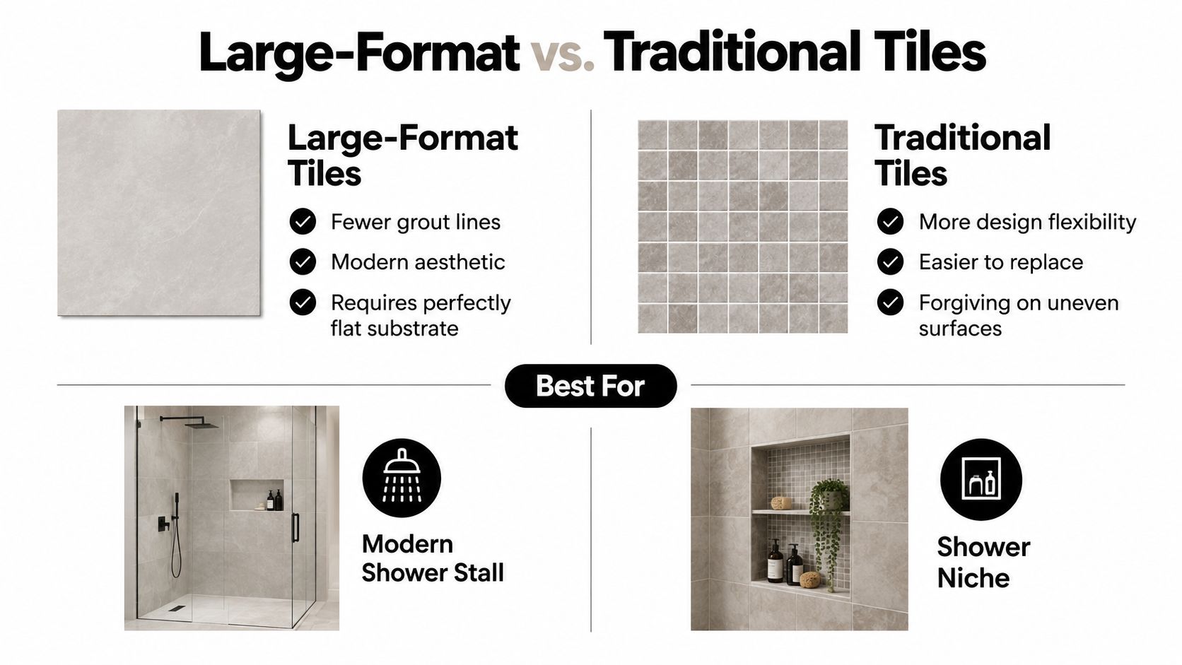 A comparison infographic between large-format tiles and traditional tiles, showing their advantages and best applications.