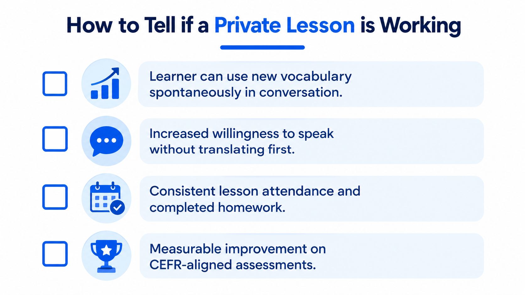 An infographic checklist for evaluating the effectiveness of private language lessons for a student's learning progress.