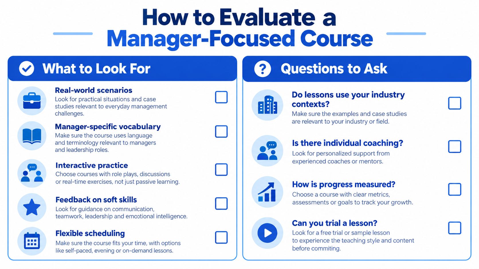 An infographic checklist for evaluating professional development courses specifically designed for managers and leadership roles.