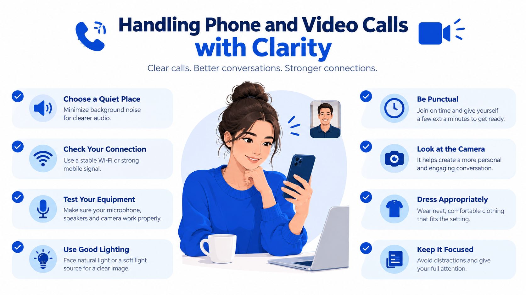 An infographic titled Handling Phone and Video Calls with Clarity featuring tips for professional remote communication.