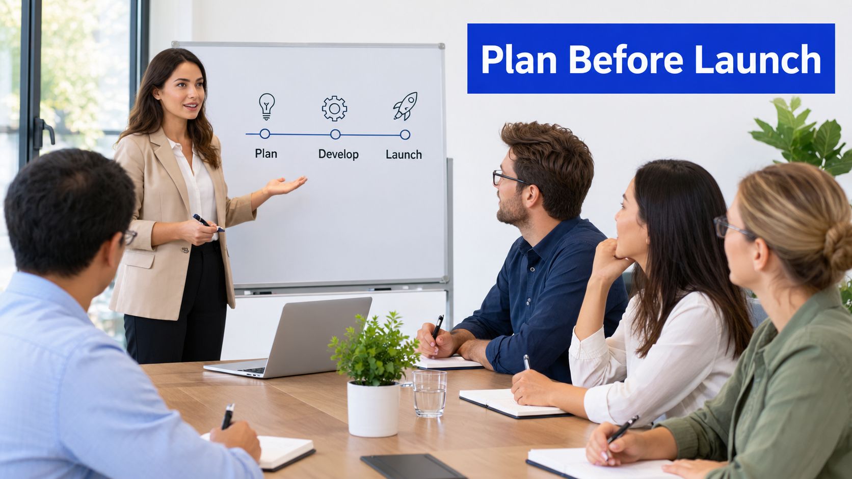A businesswoman presents a project development plan to her team in a professional office setting.