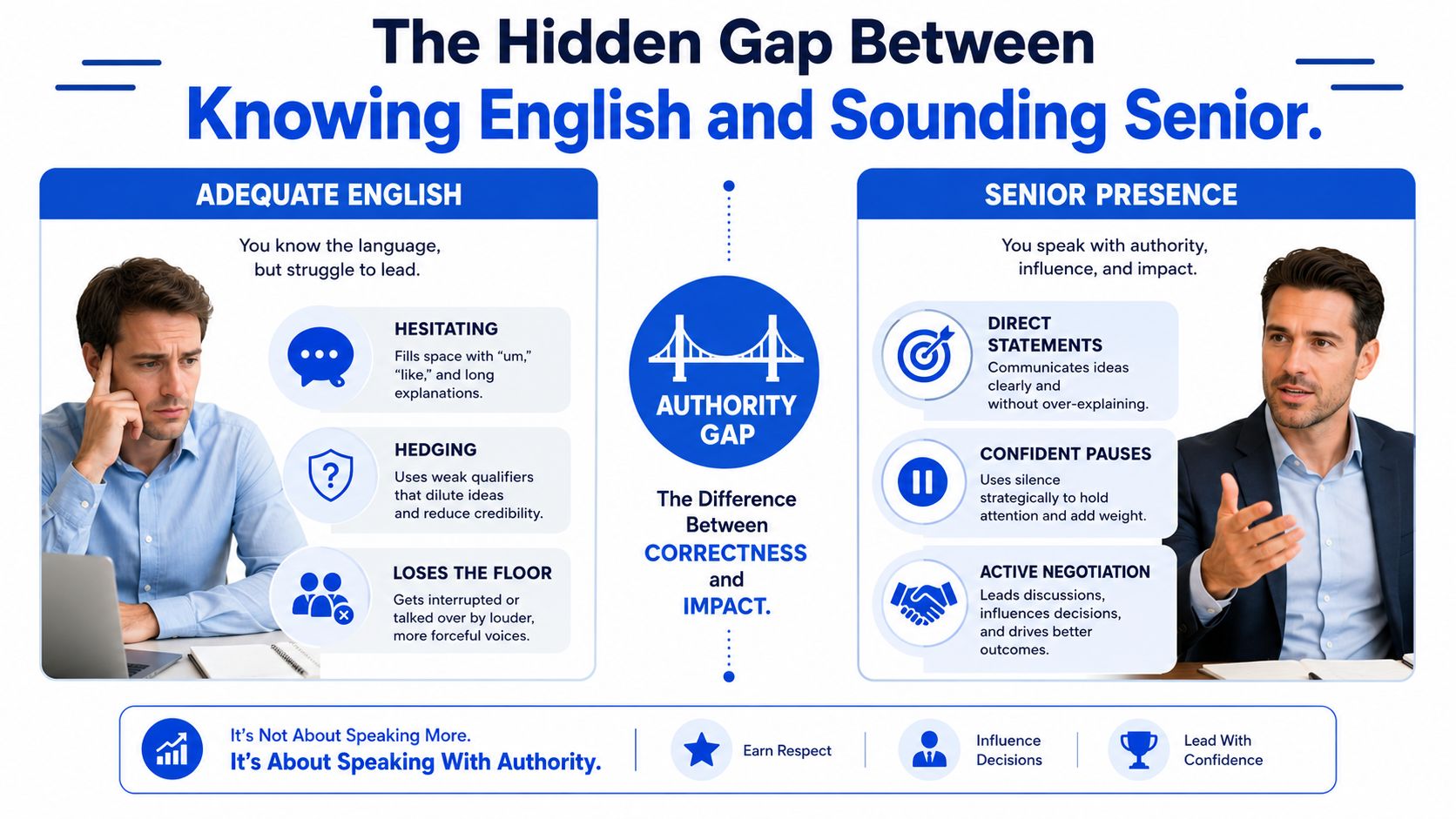 A comparison chart showing the difference between adequate English and having senior presence in business communication.