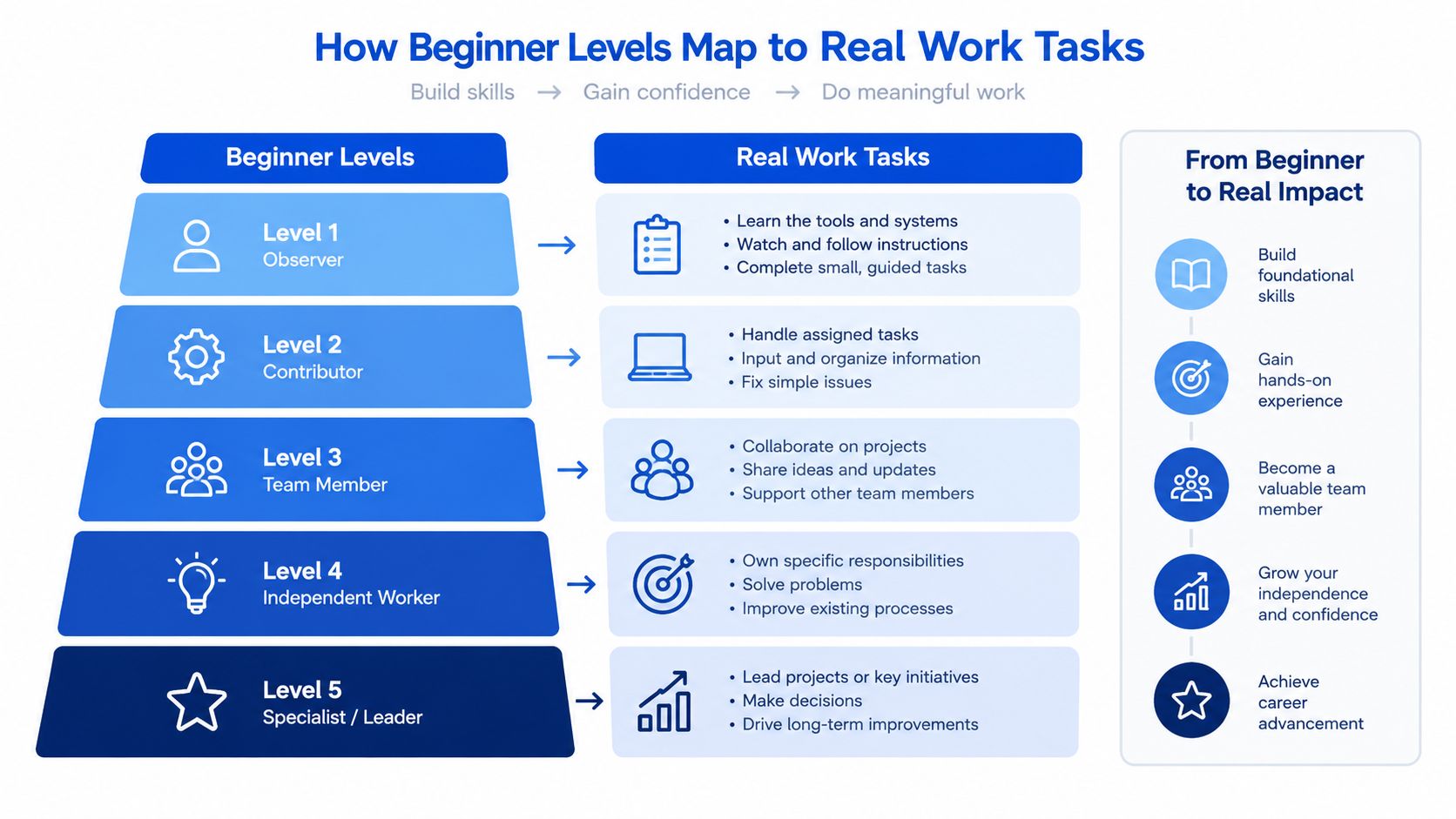 A chart illustrating five progression levels from beginner observer to specialist leader in a professional business setting.