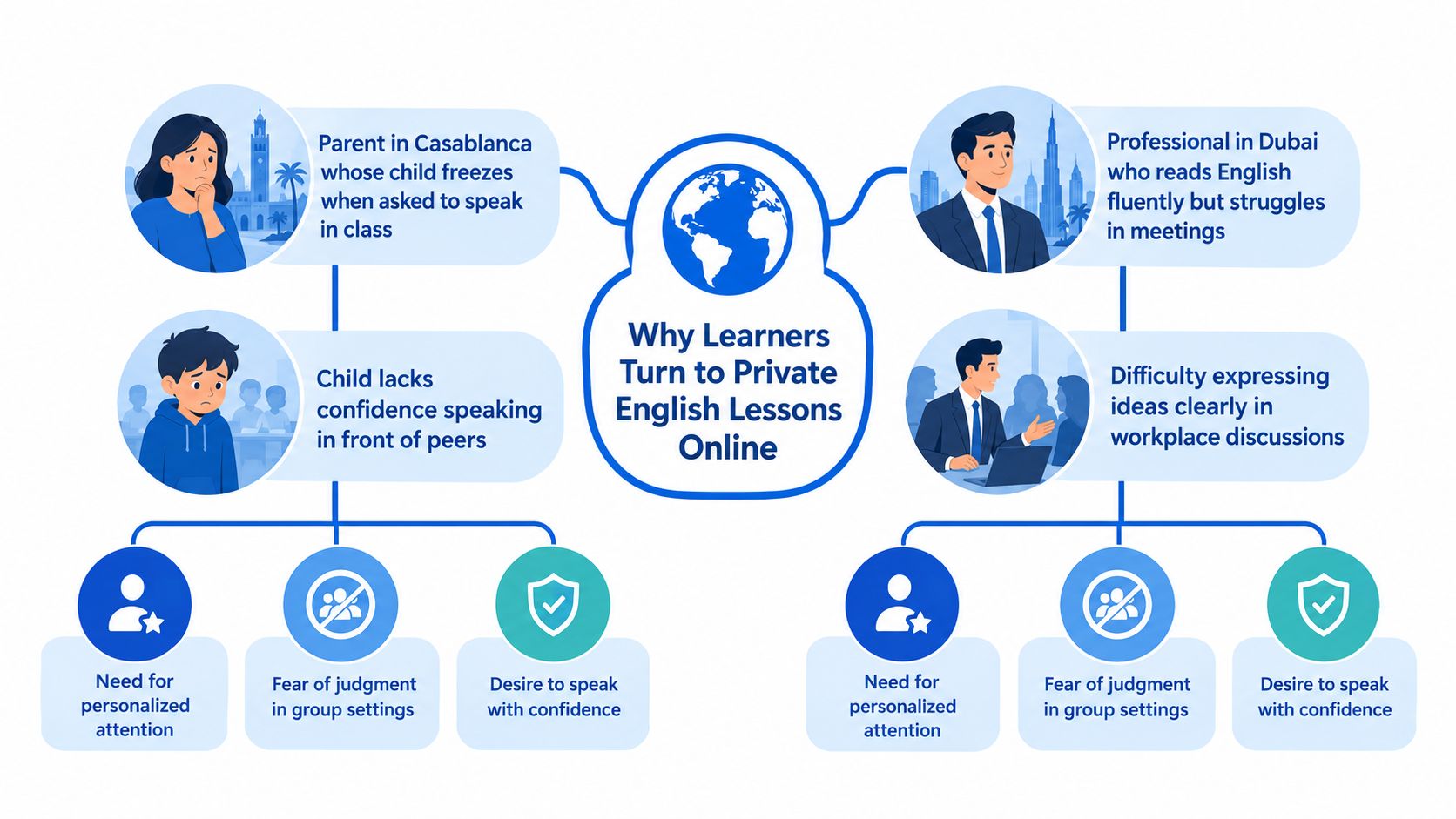 A diagram illustrating why students and professionals choose private English lessons online to overcome confidence barriers.