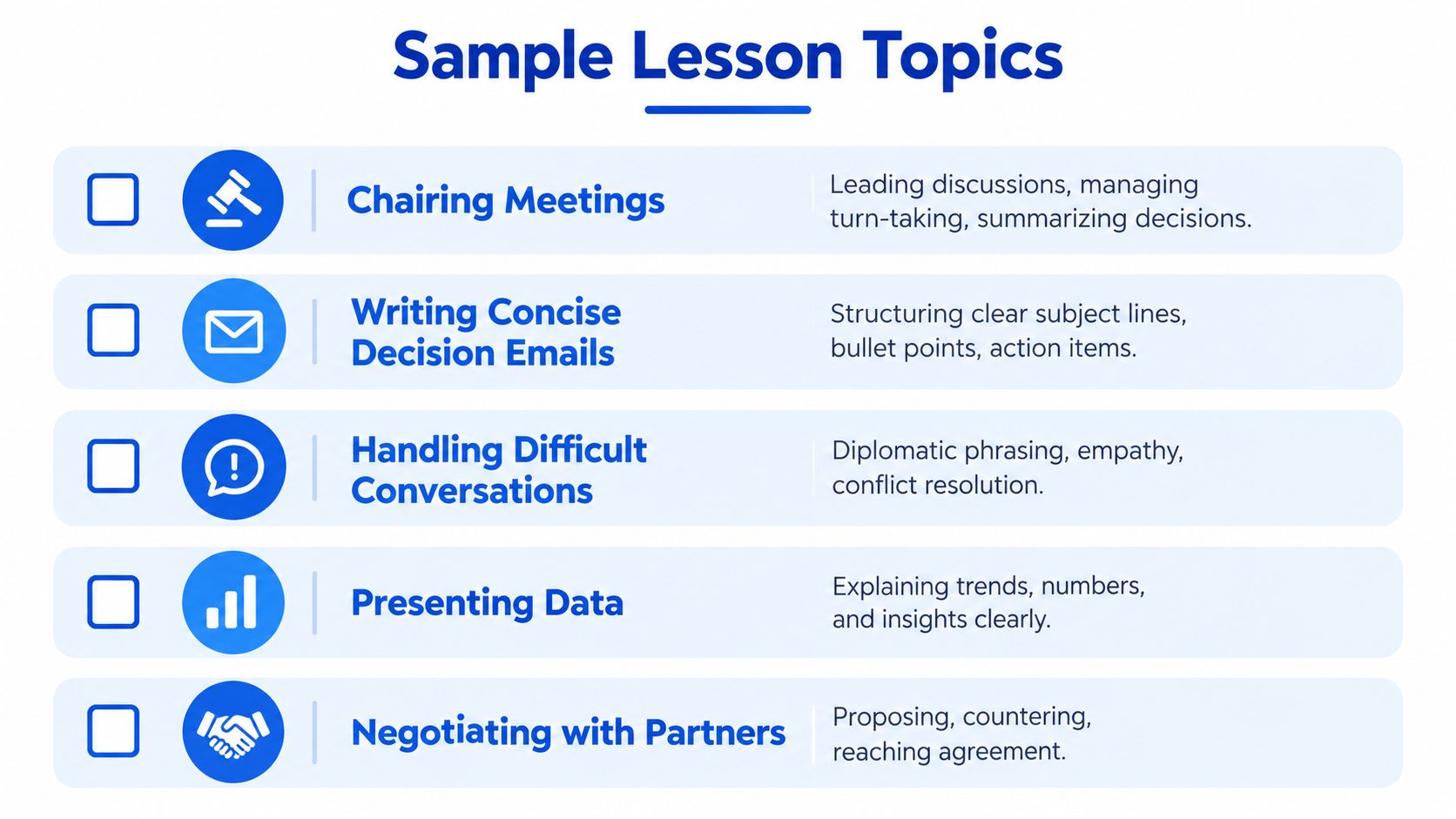 A list of sample lesson topics for professional development including meeting management, email writing, and communication skills.