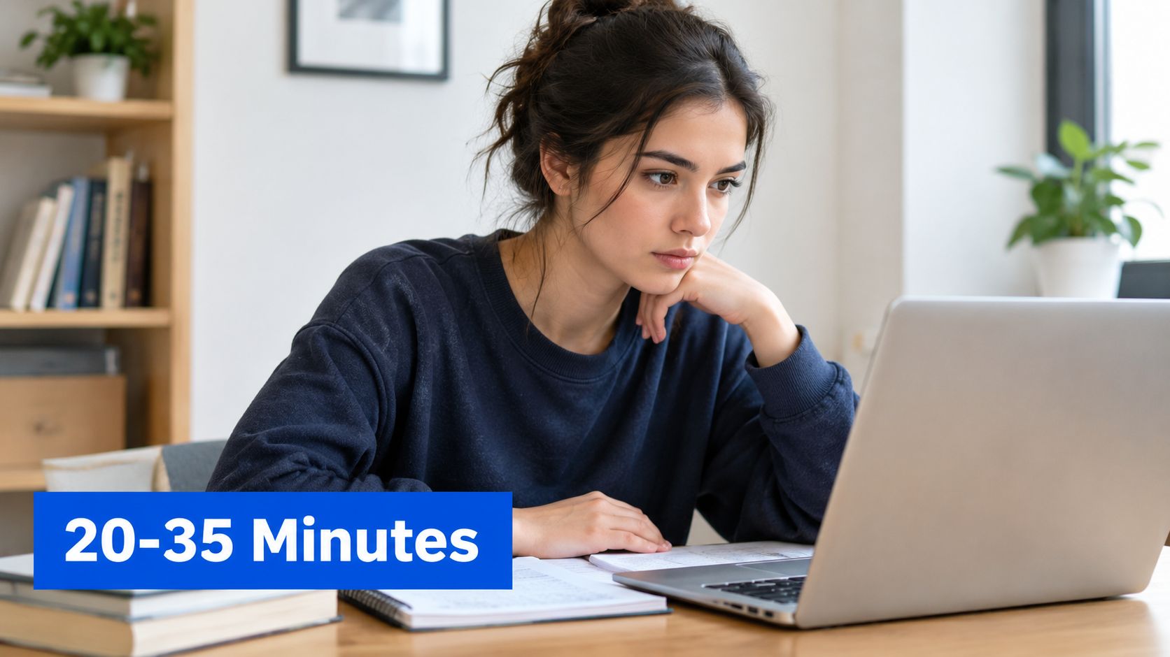 A focused young woman sitting at a desk studying with her laptop and taking notes.