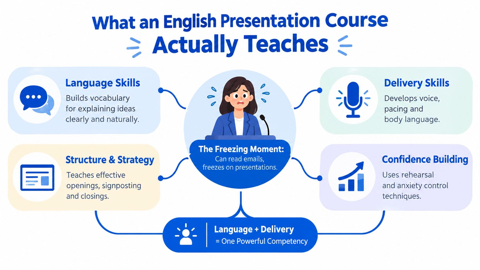 An infographic showing the four key components of an English presentation course: language, structure, delivery, and confidence.