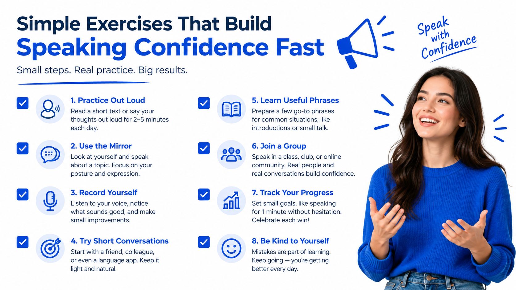A woman smiling while an infographic lists eight simple exercises to build speaking confidence quickly.