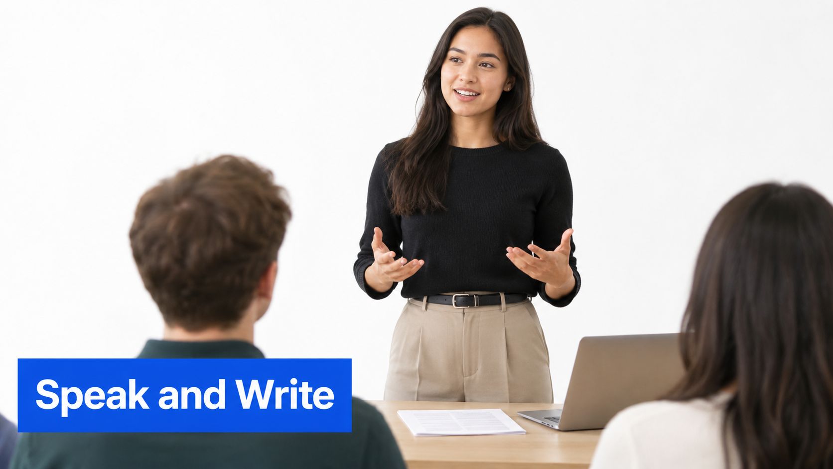 A young woman stands and speaks to two university students in a brightly lit classroom setting.