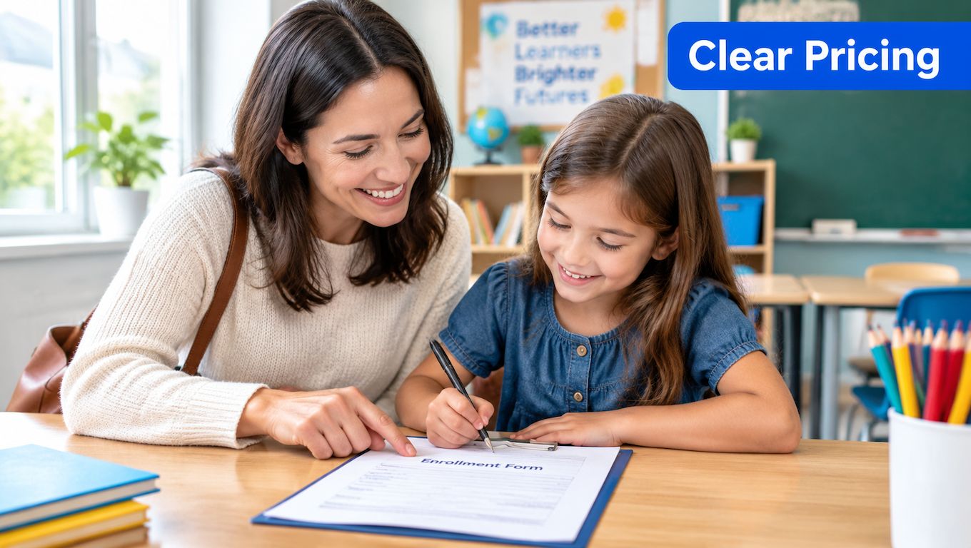 A woman helping a young girl fill out an enrollment form in a classroom setting.