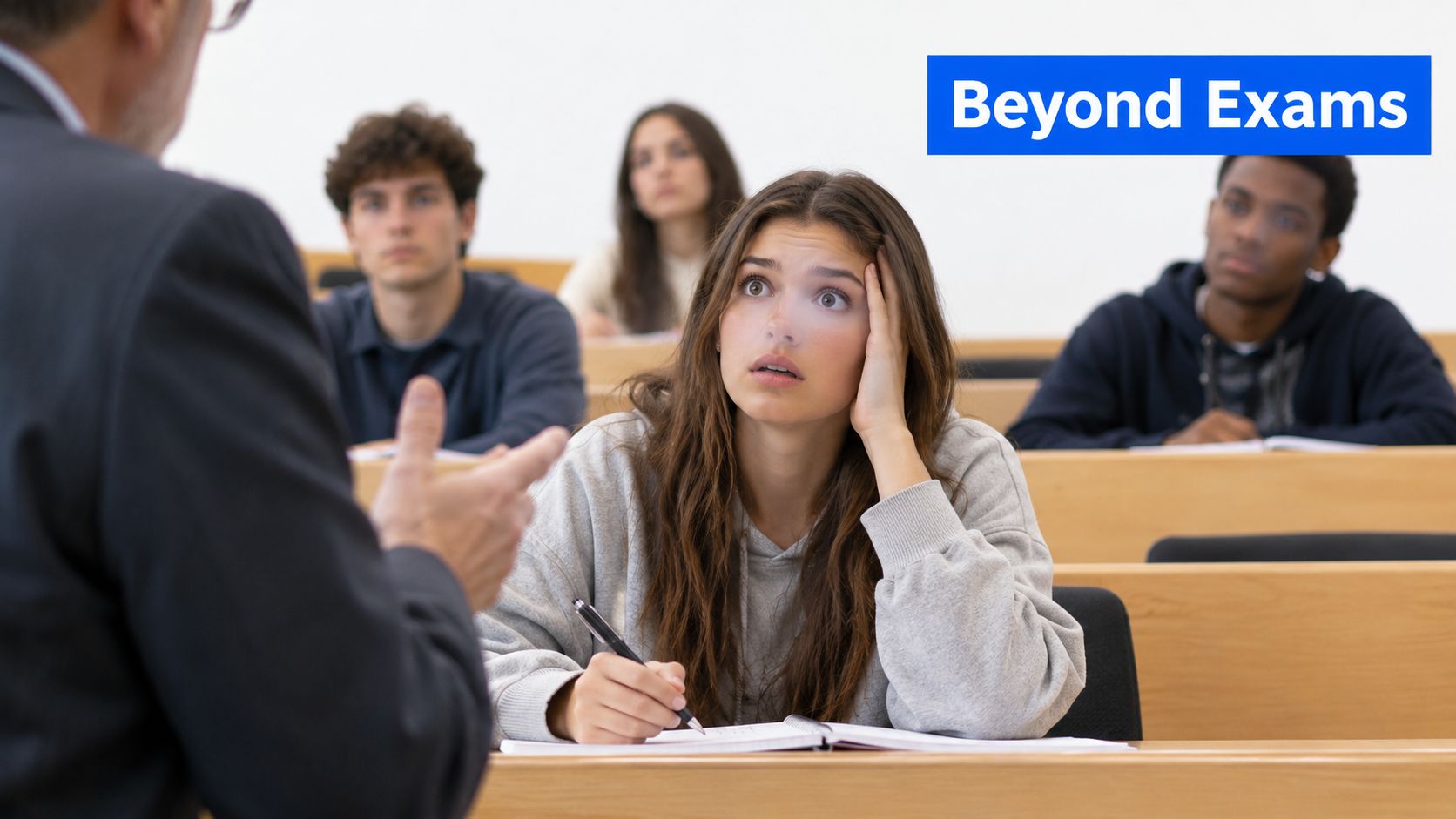 A concerned female university student listens intently to her professor during a lecture in a classroom setting.