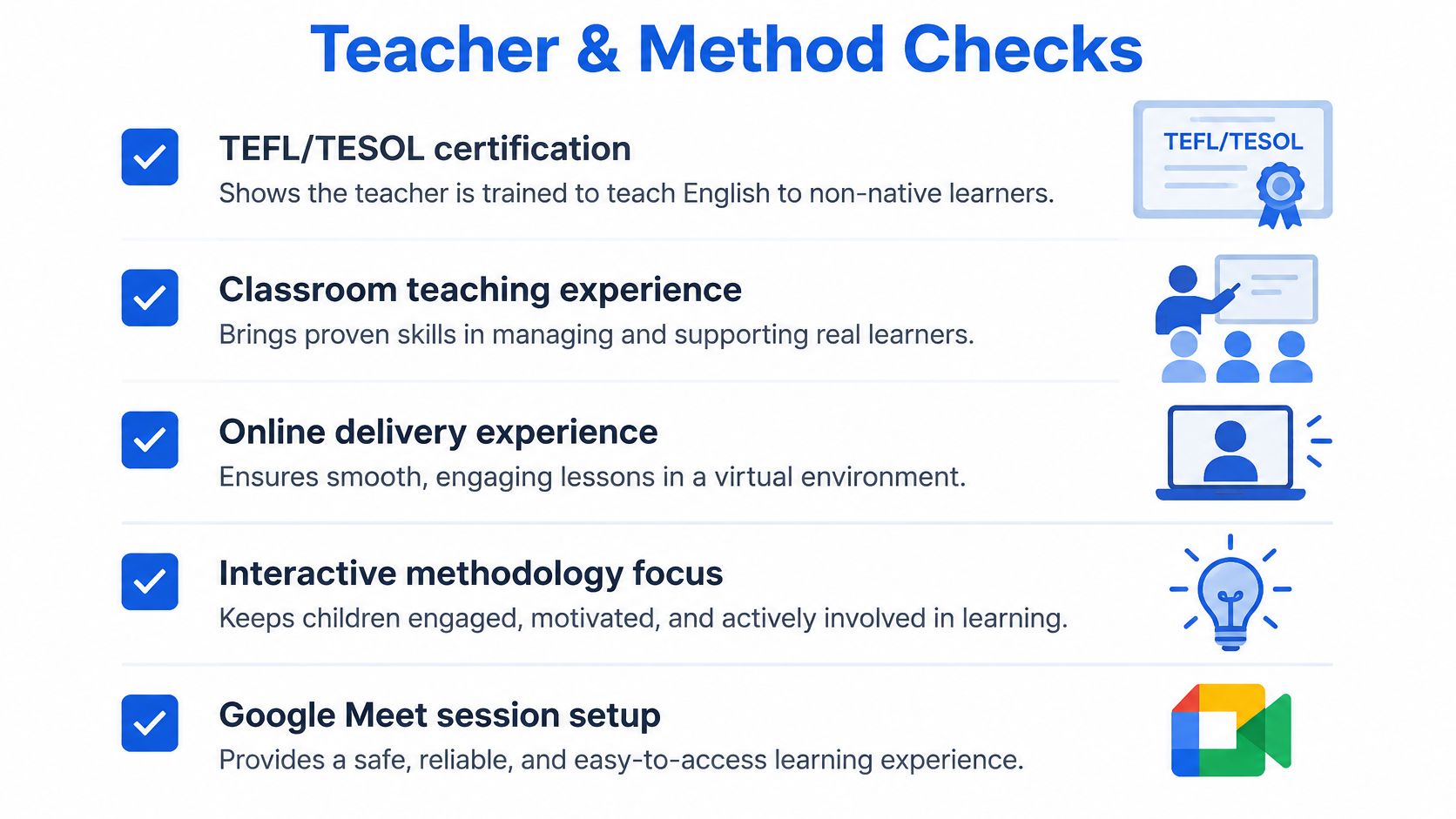 A checklist infographic highlighting key qualifications and teaching methods for high-quality online English classes for children.
