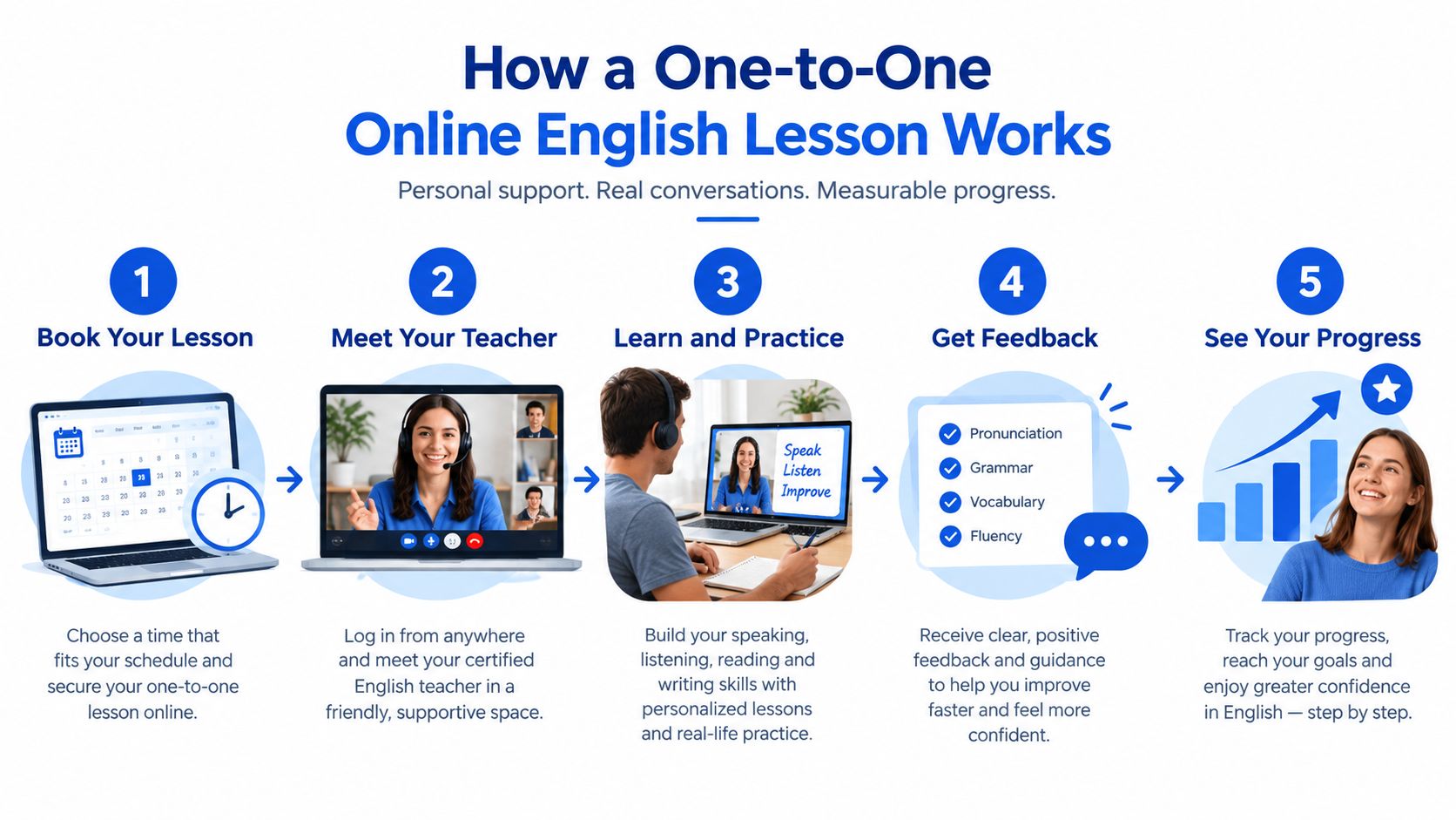 A five-step infographic showing how a one-to-one online English lesson works from booking to tracking progress.